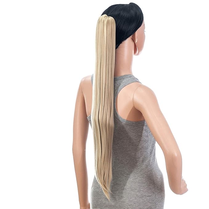 SWACC 28-Inch Long Straight Claw Clip Ponytail Extensions Synthetic Hair Extensions Ponytail Jaw Clip Hair Pieces for Women (Dark Honey Blonde/Bleach Blonde Highlights-16H613)