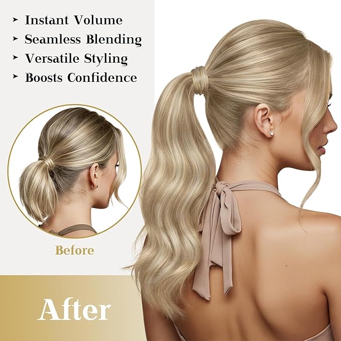 Ve Sunny Hair Extensions Ponytail Real Human Hair Wrap Around Clip in Ponytail Hair Extensions Straight Extensions Human Hair for Women Dark Blonde Highlights Golden Blonde 20inch 80G