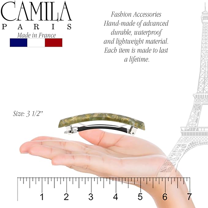 Camila Paris CP3447 French Hair Barrette Clip for Girls Green Flower, Rubberized Metal Clasp Strong Hold Grip Hair Clips for Women, No Slip Durable and Styling Girls Hair Accessories, Made in France