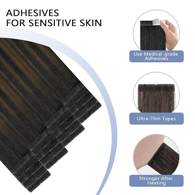COOKAYU Invisi Edge Tape in Hair Extensions Real Human Hair Seamless Injected Tape Ins 16Inch 20pcs 35g Natural Black to Medium Brown and Caramel blonde Extensions