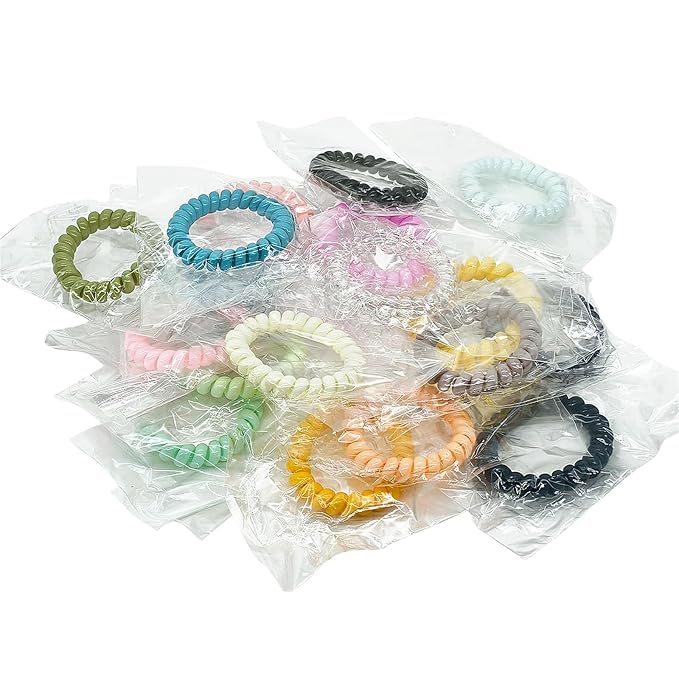 18Pcs Colorful Spiral Hair Ties, Individually Wrapped Coil Hair Tie, No Damage, No Crease, Ponytail Holder for Thick Hair, Waterproof, Hygienic, Portable, Multicolor