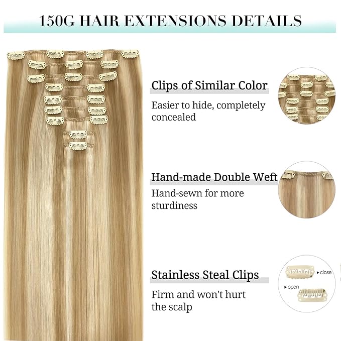 DOORES Human Hair Clip in Extensions, Balayage Dark Blonde Highlighted Bleach Blonde 24 Inch 9pcs 150g, Clip in Hair Extensions Remy Hair Extensions Silky Straight Extensions For Women Thick