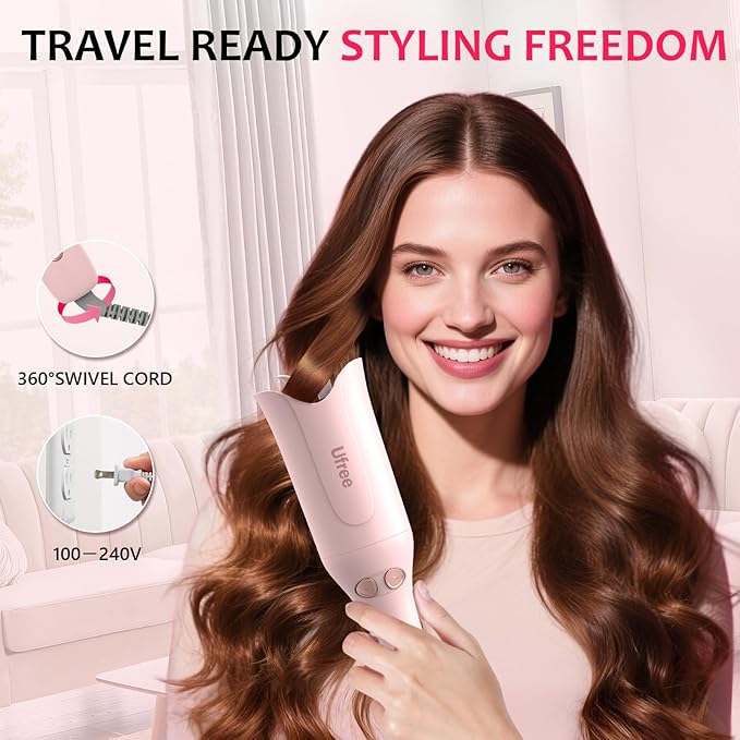 Ufree Automatic Rotating Curling Iron, 1 Inch Ceramic Curling Wand, 1-Click Hair Curler with 3 Heat & Timers, Anti-Scald Design, 1M Ionic Care, Dual Voltage for Travel Beach Waves, Pink