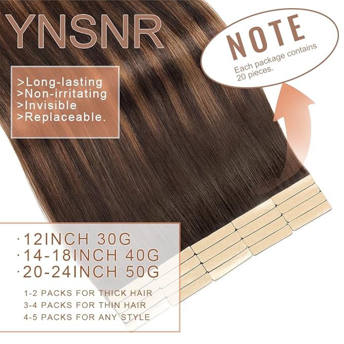 Dark Brown to Chestnut Brown Tape in Hair Extensions Human Hair,14 Inch Human Hair Tape in Extensions 20Pcs Tape Ins Human Hair Extensions for Women Seamless Tape in Hair Extensions Real Human Hair