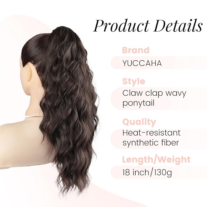 Claw Clip Ponytail Extension 18 Inch Curly Wavy Ponytail Extension Jaw Clip on Pony Tails Hairpiece for Women Fluffy Natural Synthetic for Daily Use (Dark Chocolate Brown)