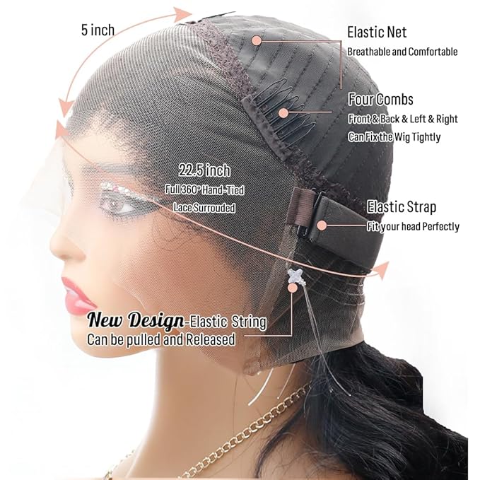 360 Lace Front Wigs Human Hair Body Wave 200% Density 26 Inch Upgraded Hidden Straps 360 HD Full Lace Wigs Human Hair With Drawstring Pre Plucked With Baby Hair for Women Natural Black