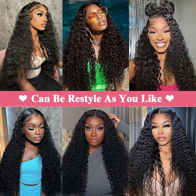 40 Inch Deep Wave Lace Front Wigs Human Hair 13x6 HD Lace Frontal Wigs for Women 200% Density Curly Human Hair Wigs Pre Plucked with Baby Hair Glueless Wigs Natural Color
