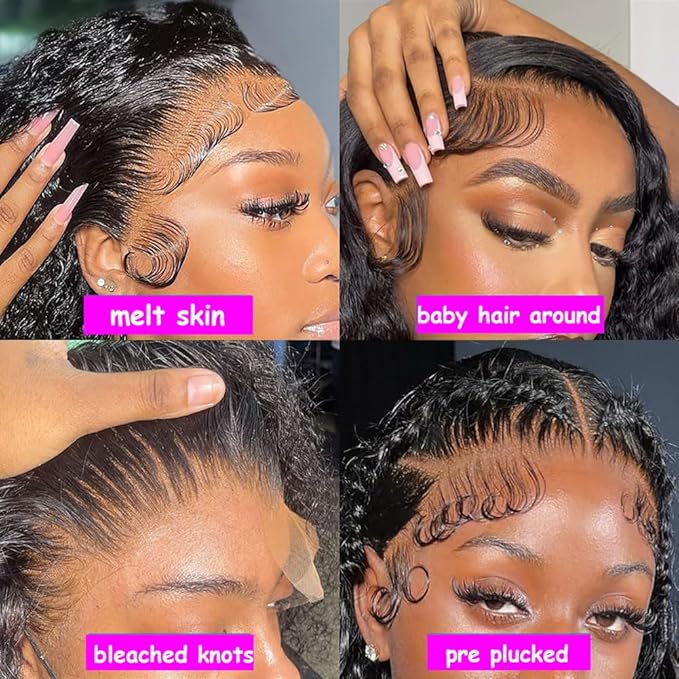 Aomllute 30 Inch Deep Wave Lace Front Wigs Human Hair 200 Density 13x4 HD Lace Frontal Wigs Human Hair Pre Plucked Deep Curly Glueless Wigs Human Hair for Women Natural Black