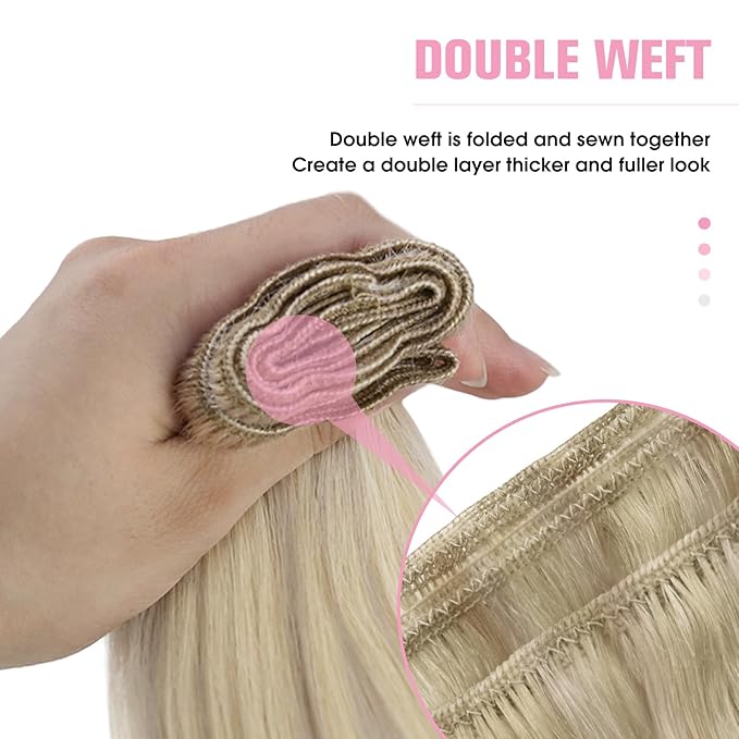 YoungSee Weft Hair Extensions Human Hair Blonde Highlight Human Hair Weft Extensions Warm Ash Blonde Highlights Bleach Blond Soft and Smooth Sew in Bundles Remy Hair 16Inch 100G