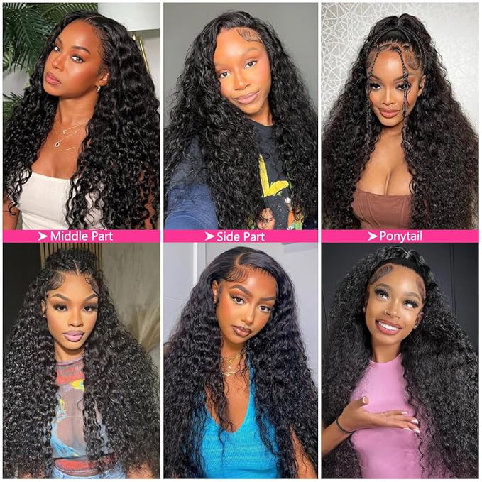 32 Inch Water Wave Lace Front Wigs Human Hair Pre Plucked 13X6 Lace Front Wigs Human Hair 200 Density Deep Part Curly Wig for Women Natural Black