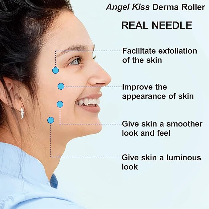 Derma Roller Real Needles - Angel Kiss 0.25mm Microneedling Roller with Case - 192 Stainless Steel Micro Needling Dermal Kit for Face, Scalp, Body - At Home Microdermabrasion Roller for Women Men