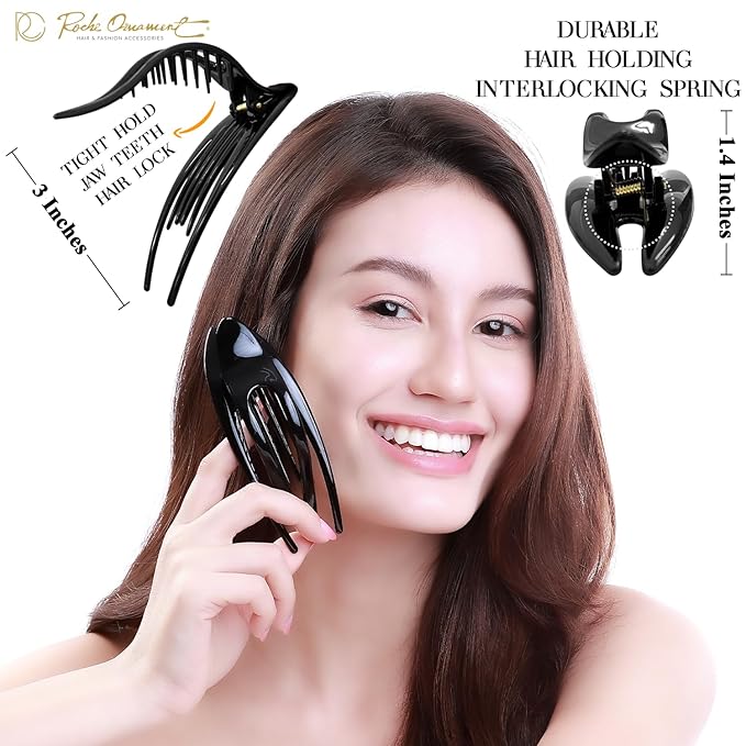 RC ROCHE 6 Pcs Flat Hair Clips Big Claw for Thick Hair French Duckbill Women No Slip Side Slide Curved Alligator Concord Strong Grip Hold Volume Lay Down Clamp, Medium Black