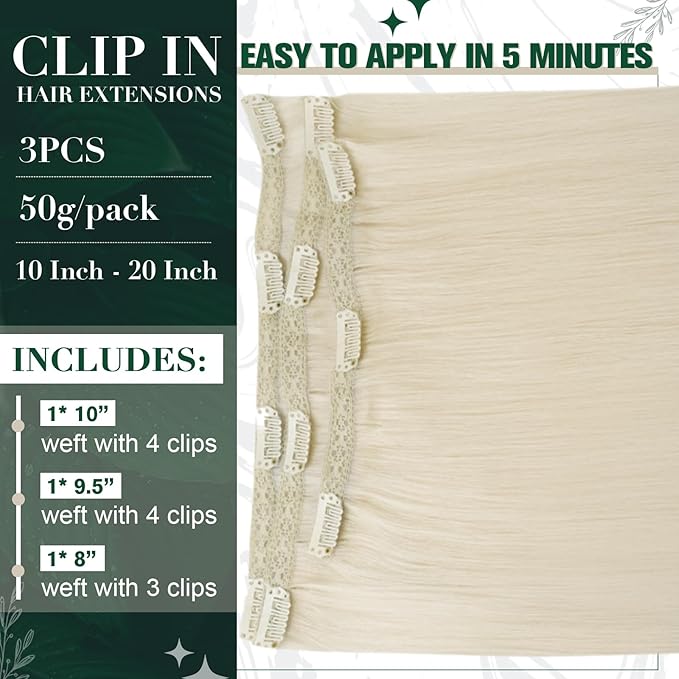 RUNATURE Clip in Hair Extensions Real Human Hair, Remy Human Hair Clip in Extensions for Women, Natural Human Hair, 20 Inch 50g 3pcs, #800 Platinum Blonde
