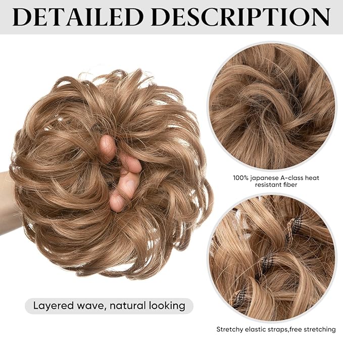 SARLA 2PCS Messy Hair Bun Hair Pieces Wavy Curly Synthetic Updo Fake Scrunchies Ponytail Extension for Women Red Vino