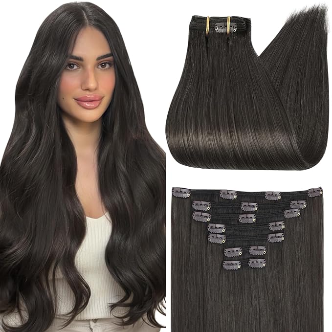 Full Shine Hair Clip in Extensions Black Hair Extensions Clip in Short Straight Natural Black Tea Hair 14 Inch 120 G 7 Pcs
