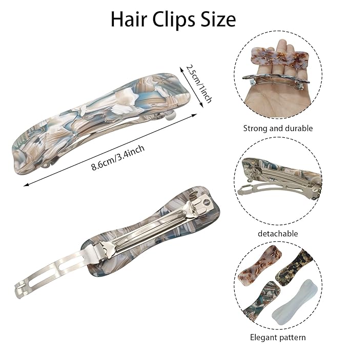 Hair Clips for Women,3.5 Inch Acetate Medium Hair Claw Clips for Women Thin Thick Curly Hair,Strong Hold No Slip Grip,French Classic Multicolor Barrettes Hair （Blue Marble Bow）