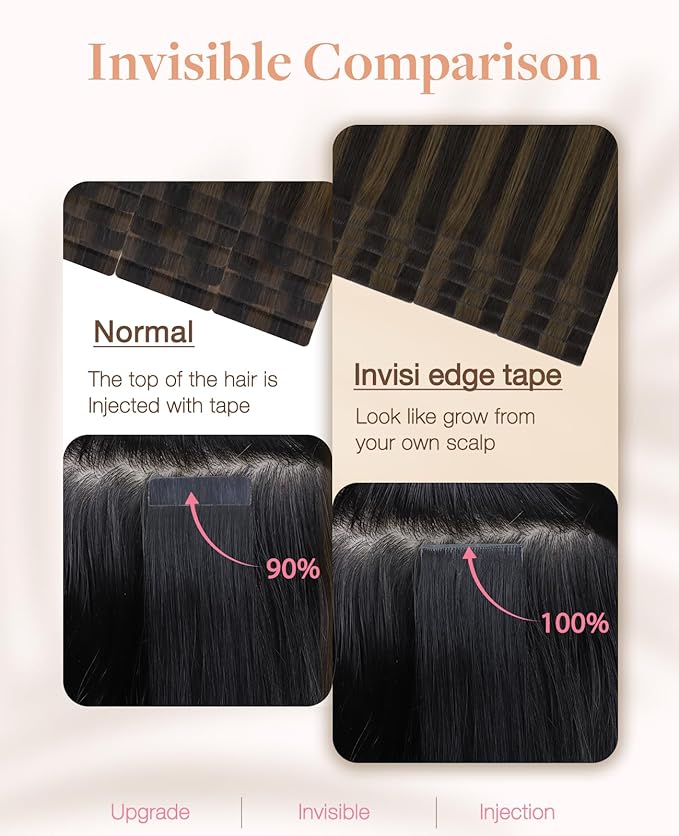GOO GOO Invisi Edge Tape in Hair Extensions Human Hair, 2/6 Dark Brown Highlighted Chestnut Brown, 20pcs 24inch 50g, Virgin Remy Hair, Seamless Injected Tape, Natural Look