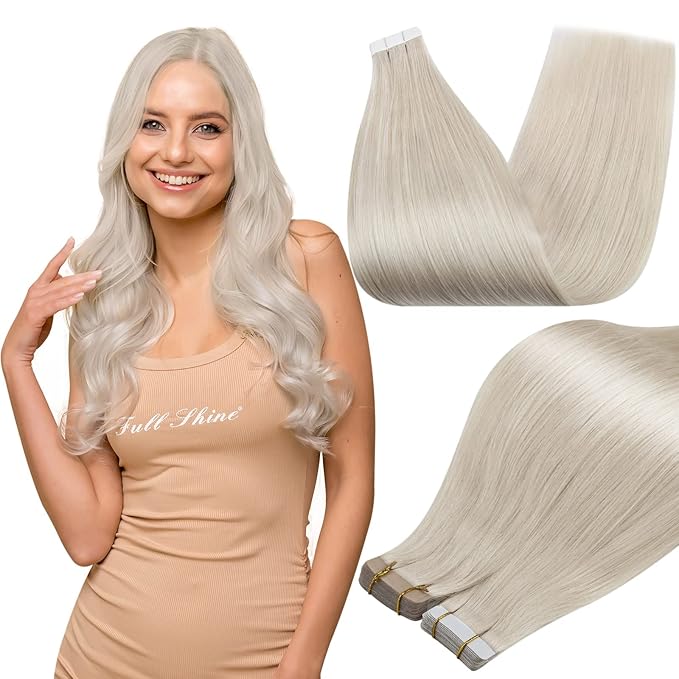 Full Shine Tape in Hair Extensions Silky Straight 18 Inch Color 1000 Blonde Adhesive Tape in Hair Extensions Human Hair Real Remy Human Hair Soft Glue in Brazilian Hair 20 Pcs 50 Grams