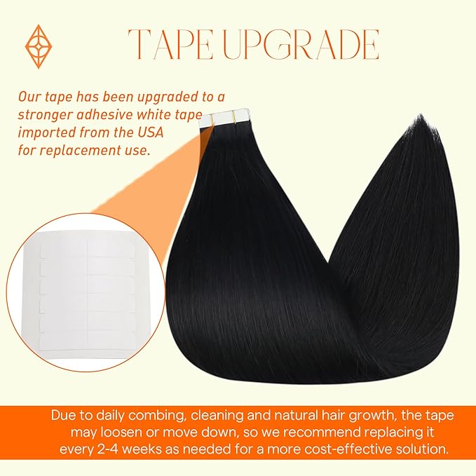 Full Shine Tape in Hair Extensions Human Hair Color 1 Jet Black Tape in Extensions Real Human Hair Skin Weft Tape in Extensions 14 Inch Invisible Soft Remy Straight 40 Pcs 100 Gram for Daily Wear