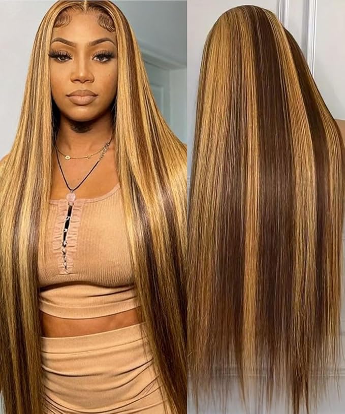 36 Inch Ombre Lace Front Wig Human Hair 200 Density 13x6 Honey Blonde HD Lace Frontal Real Virgin Human Hair Wigs Invisilbe Hairline Tiny Knots Pre Plucked Highlight Brown 4/27 Colored
