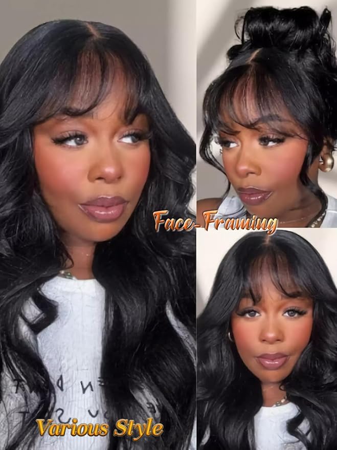 Julia Hair Bye Bye Knots Curtain Bangs Wig Glueless Fluffy Natural Loose Wave Pre Cut 7x5 HD Lace Front Wigs Invisible Pre Plucked Pre Everything Body Wave Put on and Go Wig for Women 22 Inch