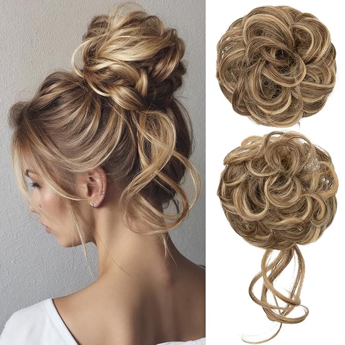 CJL HAIR 2PCS Messy Bun Hair Pieces Wavy Curly Synthetic Updo Chignon Fake Scrunchies Ponytail Extension for Women Bernstein Multi