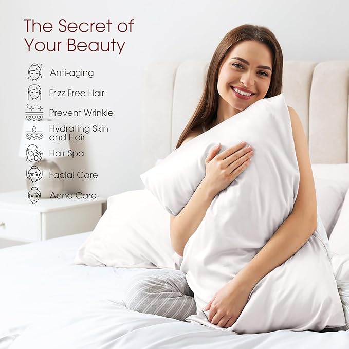 100% Silk Pillow Cases 2 Pack Queen Size Mulberry Silk Pillowcase for Hair and Skin Set of 2 Highest Grade 6A Silk Soft Breathable Cooling with Hidden Zipper, White