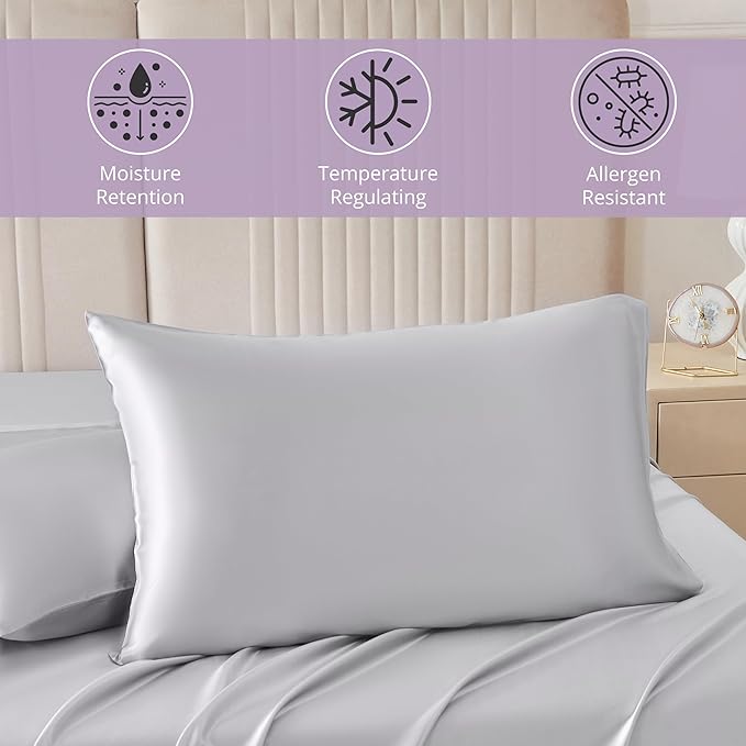 Mulberry Park 30 Momme Silk Pillowcase - Pure Silk Pillowcase for Hair and Skin, Grade 6A Charmeuse Weave Mulberry Real Silk Pillowcase for Luxury Night Sleep - 1 Pc Silver (Queen 20'' x 30'')
