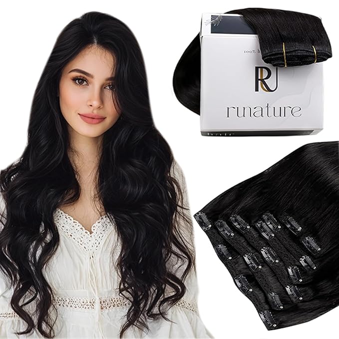 RUNATURE Clip in Hair Extensions Real Human Hair, Black Hair Extensions Clip Ins, Remy Natural Hair Extension for Black Women Straight Thick Hair 16 Inch 120g 7pcs #1B