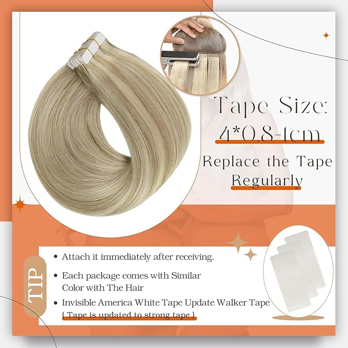 Full Shine Human Hair Tape in Extensions Color 16P22 Highlighted Blonde Tape in Hair Extensions 22Inch 100G Long Extension Seamless Skin Weft for Daily Office Look 40Pcs