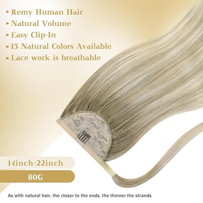 Ve Sunny Hair Extensions Ponytail Real Human Hair Wrap Around Clip in Ponytail Hair Extensions Straight Extensions Human Hair for Women Ash Grey Balayage Platinum Blonde 20inch 80G