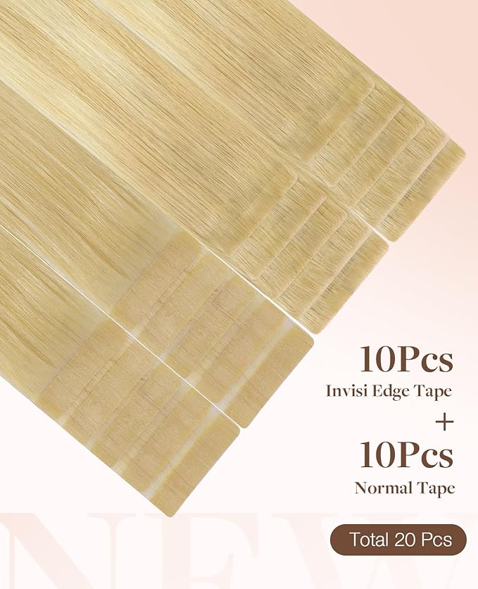 GOO GOO Invisi Edge Tape in Hair Extensions Human Hair, 18AT60A Pearl Ash Blonde Highlights10pcs injected with 10pcs classical tape ins, 24inch 50g, Virgin Remy Hair, Natural Look