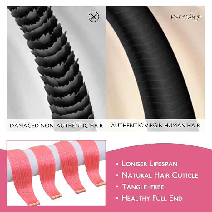 WENNALIFE Tape in Hair Extensions Human Hair Light Pink Tape in Extensions, 10pcs 30g 24 inch Remy Invisible Tape Ins Straight Colored Soft Real Human Hair Tape in Extensions Refill Set Extensions