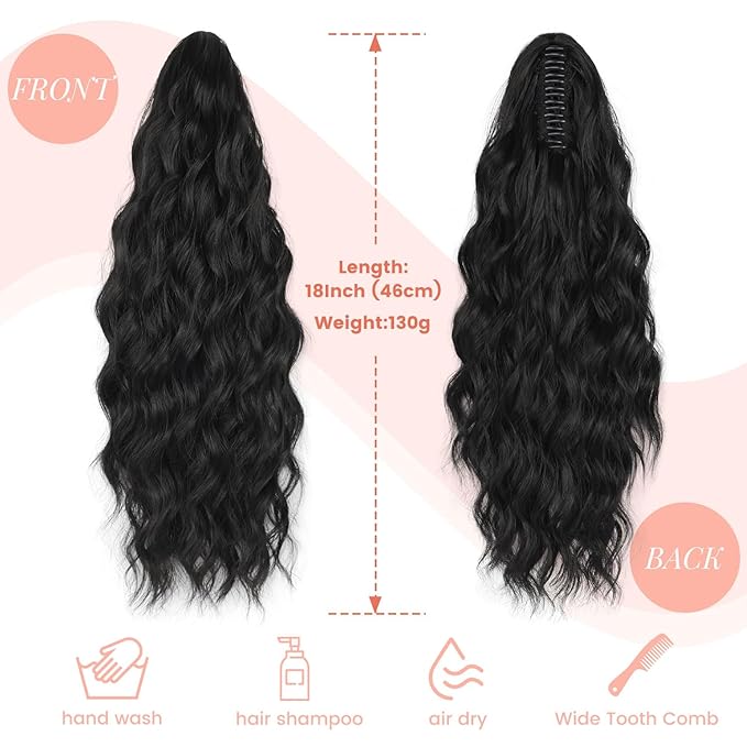 Ponytail Extension, 18 Inch Claw Clip Ponytail Extensions Curly Wavy Ponytail Hair Extension Jaw Clip on Pony Tails Hairpiece for Women Fluffy Natural Synthetic for Daily Use (Light Black)