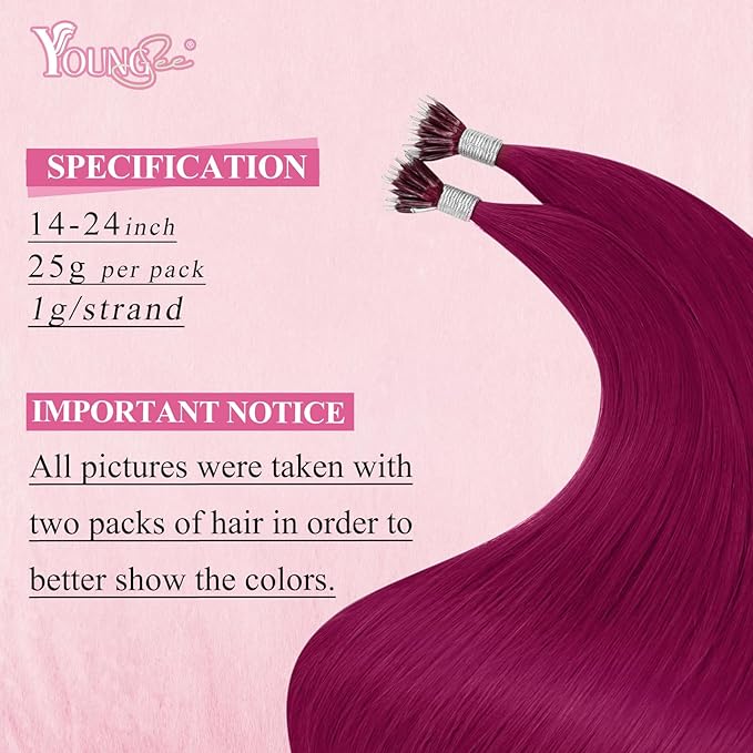 YoungSee Nano Ring Hair Extensions Magenta Nano Hair Extensions Human Hair 24 inch Long Hair Nano-Link Hair Extension Real Hair Burgundy Remy Pre Linded Nanobead Hair-Extensions for Pop 25s 25g