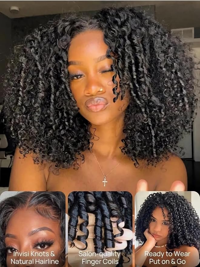 Julia Hair 7x5 Lace Water Curly Texture Wig With Finger Coil Ends Glueless Wigs Human Hair Put On and Go Invisible Lace Pre Plucked Pre Cut Bleached Knots Natural Hairline 24 Inch