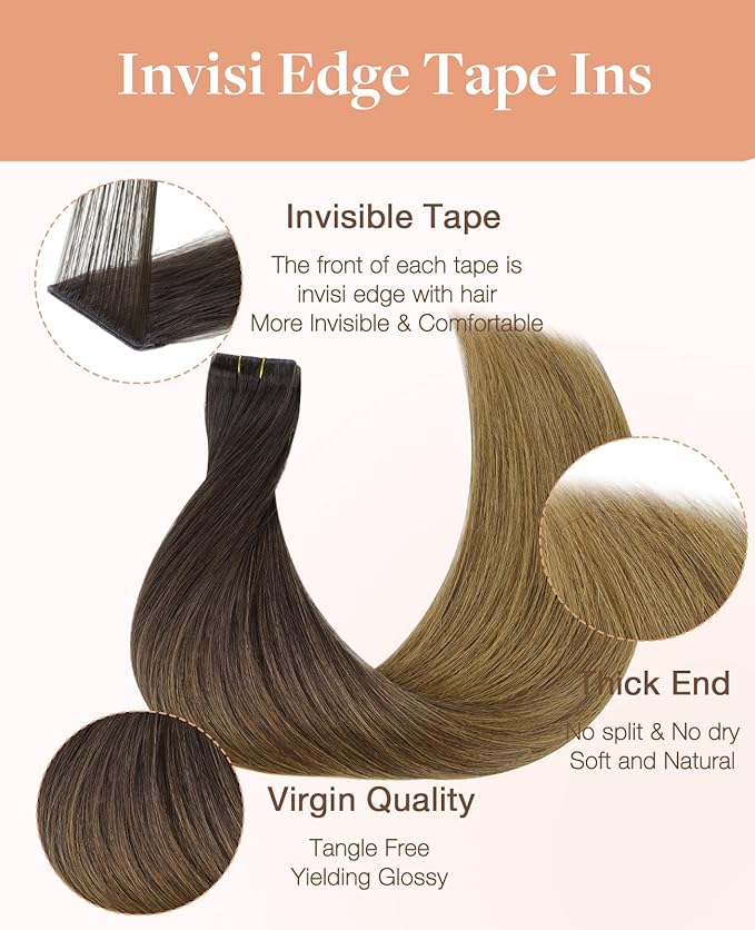 GOO GOO Invisi Edge Tape in Hair Extensions Human Hair, 1D/2C/4E Chocolate Dip Color Melt 20pcs 16inch 50g, Virgin Remy Hair, Seamless Injected Tape, Natural Look