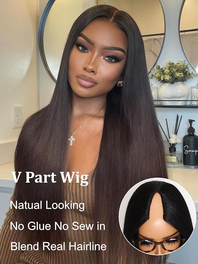 YIROO V Part Wig Human Hair No Leave Out Ombre Chestnut Brown Yaki Straight Glueless Human Hair Wig Upgrade U Part Wigs for Women V Shape Clip in Half Wig No Glue No Sew in Beginner Wig 16inch