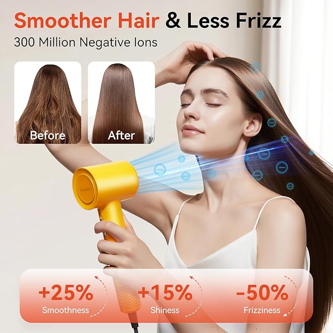 Diffuser Hair Dryer Professional with Temperature Control, Ionic Technology, Low Noise (Yellow with Diffuser Nozzle)