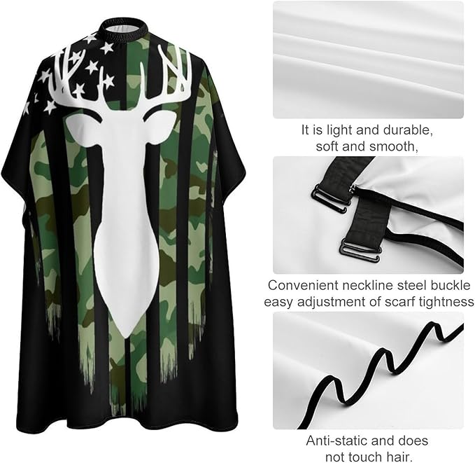 Soft Professional Hair Cutting Cape with Adjustable Closure Barber Cape Deer Camo Camouflage American Flag Hunting Black