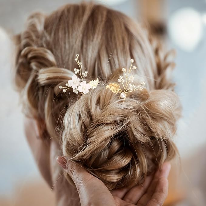 Pearl Bridal Wedding Hair Pins 6Pcs White Flower Gold Leaf Pearls Clips Bridal Hair Accessories for Women Brides Bridesmaid