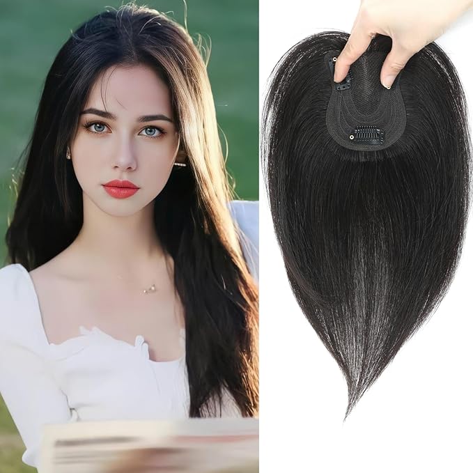 YAMI Hair Toppers for Women Fluffy Human Hair Topper 10inch Handmade Swiss Base Hairpieces 360° Cover Hairloss (Natural Black)