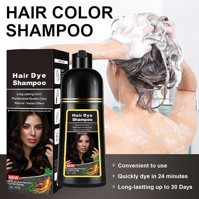 Instant Dark Brown Hair Dye Shampoo for Gray Hair - Long Lasting Herbal Formula, Colors in Minutes, 3 in 1 for Women and Men, 17.6 FL OZ
