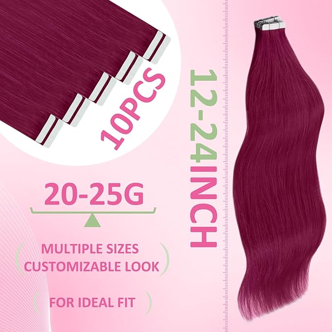 YoungSee Invisible Tape in Hair Extensions Magenta 22 Inch Human Hair Tape in Extensions Rosein Colored Hair Extension Real Human Hair Tape-in for Long Hair 10pcs 25g