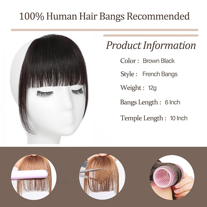 Clip In Bangs-Real Human Hair Brown Black Clip On Bangs Hair Extensions Fake Bangs Human Hair French Bangs Fringe With Temples Hairpieces Curved Bangs For Daily Wear