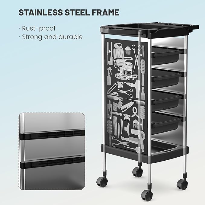 FreSup 6-Tier Salon Cart with Wheels, Stainless Steel Hair Salon Storage Tool Cart, Barber Station Trolley, Rolling Beauty Organizer for Hair Stylist, Makeup, Skincare, SPA, Tattoo （Upsized Tray）