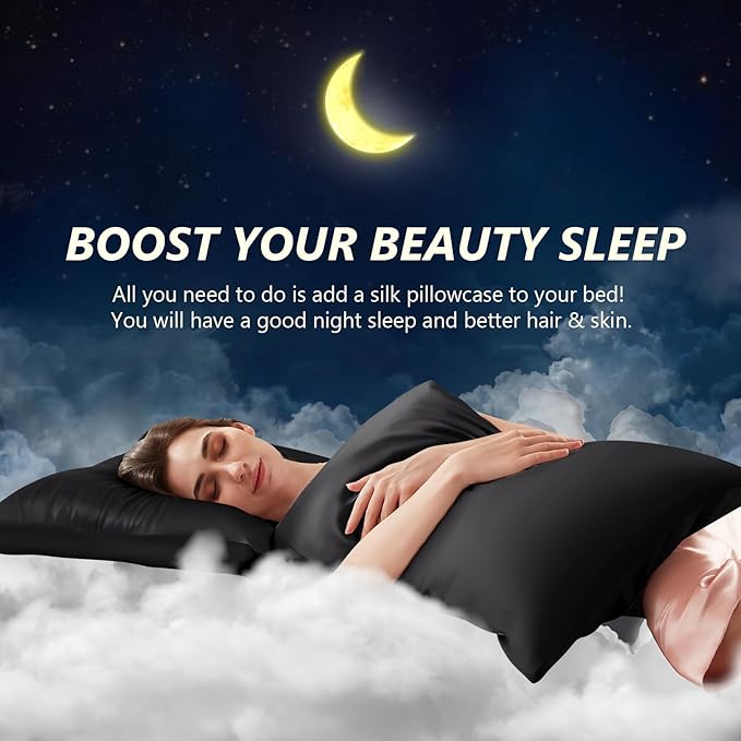Silk Pillow Cases King Size 100% Mulberry Silk Pillowcase for Hair & Skin 22 Momme Both Sided Grade 6A Silk Cooling Soft Breathable 20 x 36 Inches with Hidden Zipper 1PC, Black