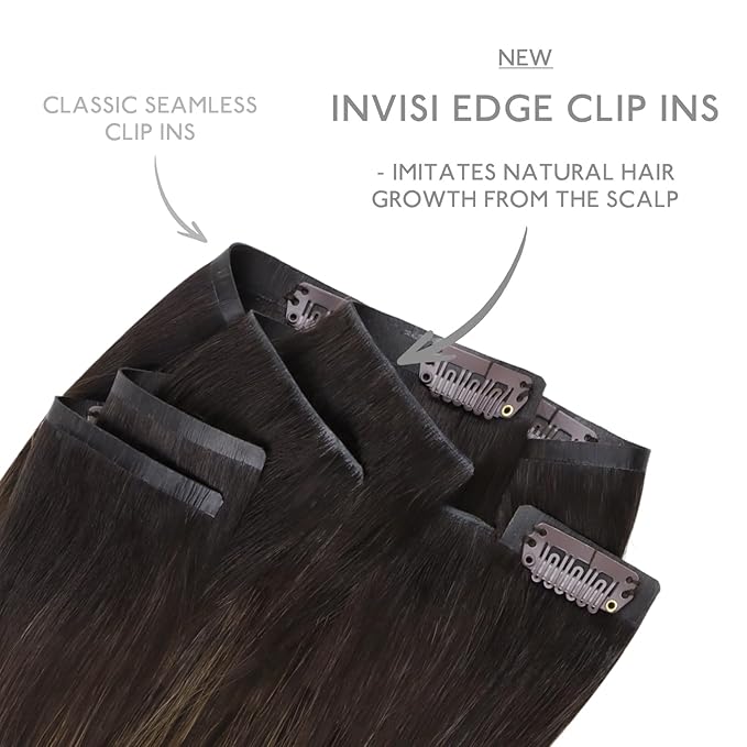 WENNALIFE Invisi Edge & Classic Seamless Clip in Hair Extensions Real Human Hair, 18 Inch 130 7pcs Balayage Dark Brown Mixed Chestnut Brown Hair Extensions for Women Invisible Straight Injection