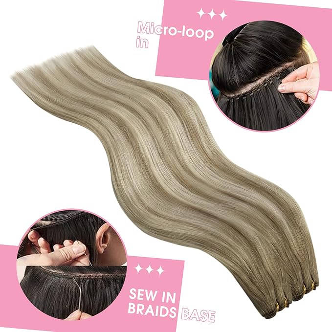 YoungSee 130G Weft Hair Extensions Human Hair Balayage Light Brown Mix Platinum Blonde Hair Extensions Sew in Balayage Double Weft Human Hair Extension Long Straight Hair 24Inch