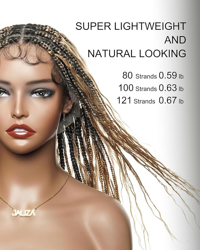 Human Hair Boho Curls Hand-Tied Full Lace Wig - 24" Small Box Braids (79 Braids) Pre-Cut Real Swiss HD Lace, Lightweight, Pre-Plucked, Knotless, Tangle-Free Boho Braided Wig | 1B/27/613